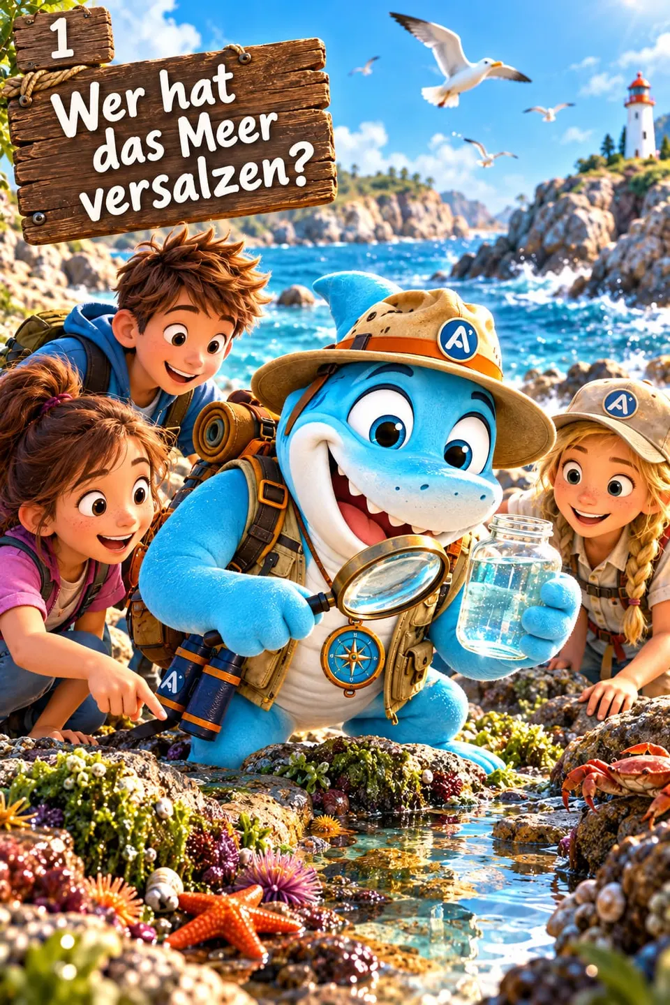 HaiDo mit Lupe und einem Glas Meerwasser, daneben Emma, Ben und Mila am Felsentümpel